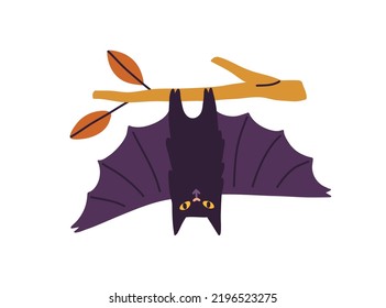 Cute spooky bat hanging tree branch  Creepy funny night vampire animal upside down and wings spread  Scary Halloween character  Childish flat vector illustration isolated white background