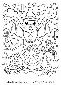 Cute spooky bat and pumpkins. Coloring book for children. Coloring book for adults. Halloween.