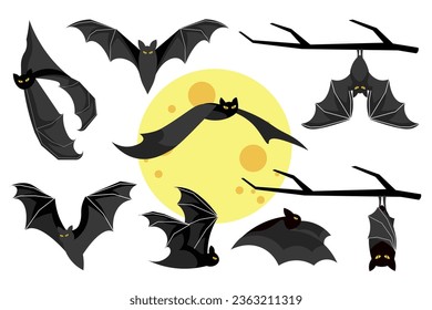 Cute espeluznante murciélagos mega-elementos en diseño plano. Montaje de volar en luna o colgando en la rama personajes de Halloween con diferentes tipos de poses de alas. Ilustración vectorial de objetos gráficos aislados