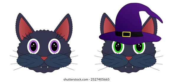 A cute and spooky black cat head set illustration. Perfect for Halloween-themed designs, decorations, or invitations.