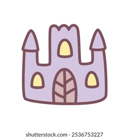 Cute spooky castle icon. Hand drawn illustration of a haunted house isolated on a white background. Kawaii halloween sticker. Vector 10 EPS.