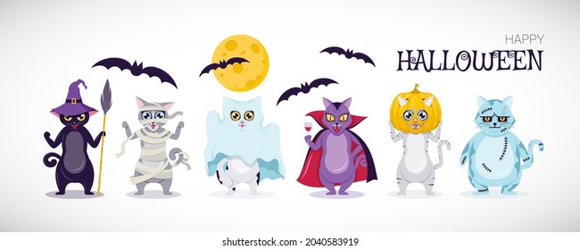 Cute Spooky Cats Set. Cartoon Characters. Mummy, Vampire, Ghost, Witch, Zombie, Pumpkin Costumes. Text Happy Halloween. 