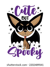 Cute but spooky - chihuahua dog with bat wings and spider. Good for T shirt print, poster, card, label, and other decoration for Halloween.