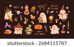 Cute and spooky collection of Halloween elements on a dark background. Ghosts in costumes, potions, pumpkins, cauldron, crystal ball, herbs, text. Great for cards, stickers, posters, prints