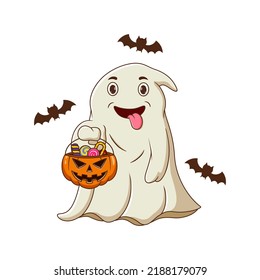 Cute spooky flying ghosts hold pumpkin bucket with candies