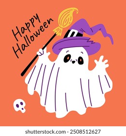 Cute spooky flying white ghost with witch hat and broom. Cartoon kind night spirit spook, funny ghostly monster. Mysterious specter character vector card design. Happy Halloween inscription