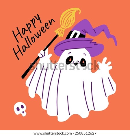 Cute spooky flying white ghost with witch hat and broom. Cartoon kind night spirit spook, funny ghostly monster. Mysterious specter character vector card design. Happy Halloween inscription