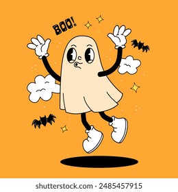 Cute spooky ghost in a cartoon retro groove style on a yellow orange background. Halloween greeting card poster. Vector illustration.