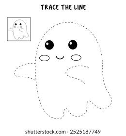 Cute spooky ghost halloween coloring pages for kids. Trace and color cute spooky ghost. Spooky ghost halloween vector. Coloring book for kids. Kindergarten and preschool worksheets printable for kids.