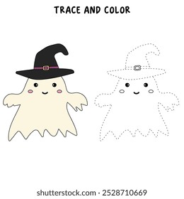 Fofo fantasma assustador halloween coloração páginas para crianças. Trace e cor fantasma assustador bonito. Vetor fantasma assustador do dia das bruxas. Livro de colorir para crianças. Planilhas de jardim de infância e pré-escola imprimíveis para crianças.