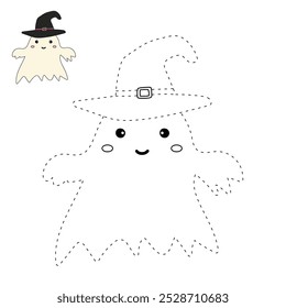 Cute spooky ghost halloween coloring pages for kids. Trace and color cute spooky ghost. Spooky ghost halloween vector. Coloring book for kids. Kindergarten and preschool worksheets printable for kids.