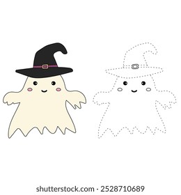 Fofo fantasma assustador halloween coloração páginas para crianças. Trace e cor fantasma assustador bonito. Vetor fantasma assustador do dia das bruxas. Livro de colorir para crianças. Planilhas de jardim de infância e pré-escola imprimíveis para crianças.