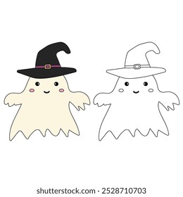 Cute spooky ghost halloween coloring pages for kids. Trace and color cute spooky ghost. Spooky ghost halloween vector. Coloring book for kids. Kindergarten and preschool worksheets printable for kids.