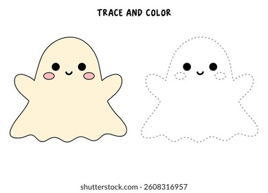 Cute spooky ghost halloween coloring pages for kids. Trace and color cute spooky ghost. Spooky ghost vector. Fun Halloween activity for kids. Printable autumn worksheet for preschool and kindergarten.