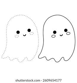 Cute spooky ghost halloween coloring pages for kids. Trace and color cute spooky ghost. Spooky ghost vector. Fun Halloween activity for kids. Printable autumn worksheet for preschool and kindergarten.