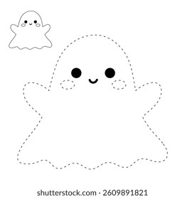 Cute spooky ghost halloween coloring pages for kids. Trace and color cute spooky ghost. Spooky ghost vector. Fun Halloween activity for kids. Printable autumn worksheet for preschool and kindergarten.