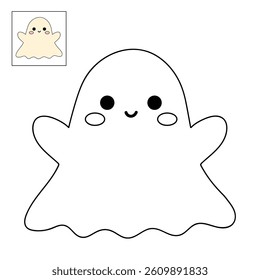 Cute spooky ghost halloween coloring pages for kids. Trace and color cute spooky ghost. Spooky ghost vector. Fun Halloween activity for kids. Printable autumn worksheet for preschool and kindergarten.