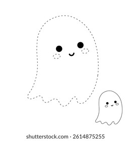 Cute spooky ghost halloween coloring pages for kids. Trace and color cute spooky ghost. Spooky ghost vector. Fun Halloween activity for kids. Printable autumn worksheet for preschool and kindergarten.