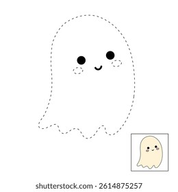 Cute spooky ghost halloween coloring pages for kids. Trace and color cute spooky ghost. Spooky ghost vector. Fun Halloween activity for kids. Printable autumn worksheet for preschool and kindergarten.