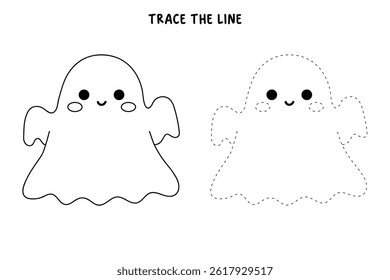 Cute spooky ghost halloween coloring pages for kids. Trace and color cute spooky ghost. Spooky ghost vector. Fun Halloween activity for kids. Printable autumn worksheet for preschool and kindergarten.