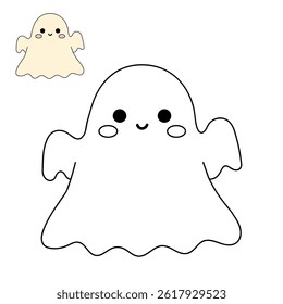Cute spooky ghost halloween coloring pages for kids. Trace and color cute spooky ghost. Spooky ghost vector. Fun Halloween activity for kids. Printable autumn worksheet for preschool and kindergarten.