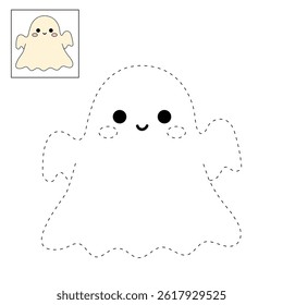 Cute spooky ghost halloween coloring pages for kids. Trace and color cute spooky ghost. Spooky ghost vector. Fun Halloween activity for kids. Printable autumn worksheet for preschool and kindergarten.