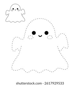 Cute spooky ghost halloween coloring pages for kids. Trace and color cute spooky ghost. Spooky ghost vector. Fun Halloween activity for kids. Printable autumn worksheet for preschool and kindergarten.