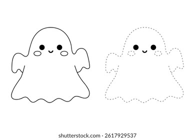 Cute spooky ghost halloween coloring pages for kids. Trace and color cute spooky ghost. Spooky ghost vector. Fun Halloween activity for kids. Printable autumn worksheet for preschool and kindergarten.