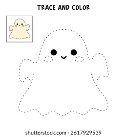 Cute spooky ghost halloween coloring pages for kids. Trace and color cute spooky ghost. Spooky ghost vector. Fun Halloween activity for kids. Printable autumn worksheet for preschool and kindergarten.