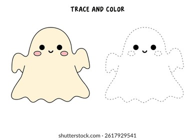 Cute spooky ghost halloween coloring pages for kids. Trace and color cute spooky ghost. Spooky ghost vector. Fun Halloween activity for kids. Printable autumn worksheet for preschool and kindergarten.