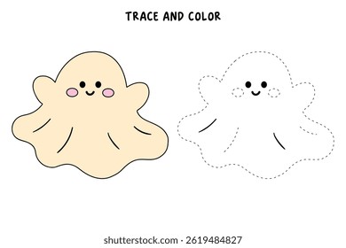 Cute spooky ghost halloween coloring pages for kids. Trace and color cute spooky ghost. Spooky ghost vector. Fun Halloween activity for kids. Printable autumn worksheet for preschool and kindergarten.