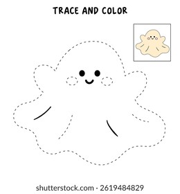 Cute spooky ghost halloween coloring pages for kids. Trace and color cute spooky ghost. Spooky ghost vector. Fun Halloween activity for kids. Printable autumn worksheet for preschool and kindergarten.