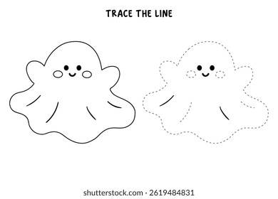 Cute spooky ghost halloween coloring pages for kids. Trace and color cute spooky ghost. Spooky ghost vector. Fun Halloween activity for kids. Printable autumn worksheet for preschool and kindergarten.