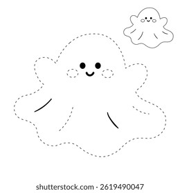 Cute spooky ghost halloween coloring pages for kids. Trace and color cute spooky ghost. Spooky ghost vector. Fun Halloween activity for kids. Printable autumn worksheet for preschool and kindergarten.