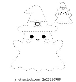Cute spooky ghost halloween coloring pages for kids. Trace and color cute spooky ghost. Spooky ghost vector. Fun Halloween activity for kids. Printable autumn worksheet for preschool and kindergarten.