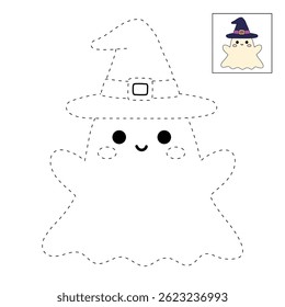 Fofo fantasma assustador halloween coloração páginas para crianças. Trace e cor fantasma assustador bonito. Vetor fantasma assustador. Atividade divertida de Halloween para crianças. Planilha de outono imprimível para pré-escola e jardim de infância.