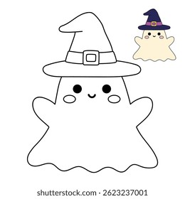 Cute spooky ghost halloween coloring pages for kids. Trace and color cute spooky ghost. Spooky ghost vector. Fun Halloween activity for kids. Printable autumn worksheet for preschool and kindergarten.