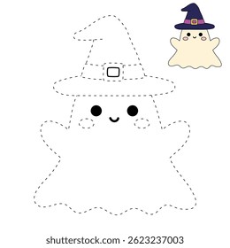 Cute spooky ghost halloween coloring pages for kids. Trace and color cute spooky ghost. Spooky ghost vector. Fun Halloween activity for kids. Printable autumn worksheet for preschool and kindergarten.