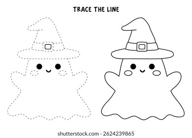 Cute spooky ghost halloween coloring pages for kids. Trace and color cute spooky ghost. Spooky ghost vector. Fun Halloween activity for kids. Printable autumn worksheet for preschool and kindergarten.