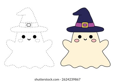 Cute spooky ghost halloween coloring pages for kids. Trace and color cute spooky ghost. Spooky ghost vector. Fun Halloween activity for kids. Printable autumn worksheet for preschool and kindergarten.