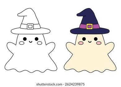 Cute spooky ghost halloween coloring pages for kids. Trace and color cute spooky ghost. Spooky ghost vector. Fun Halloween activity for kids. Printable autumn worksheet for preschool and kindergarten.