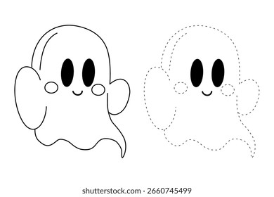 Cute spooky ghost halloween coloring pages for kids. Trace and color cute spooky ghost halloween. Spooky ghost halloween vector. Fun halloween activity for Kindergarten and preschool printable.