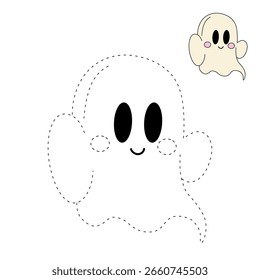 Fofo fantasma assustador halloween coloração páginas para crianças. Trace e cor fantasma assustador bonito halloween. Vetor fantasma assustador do dia das bruxas. Atividade divertida de halloween para jardim de infância e pré-escola imprimível.