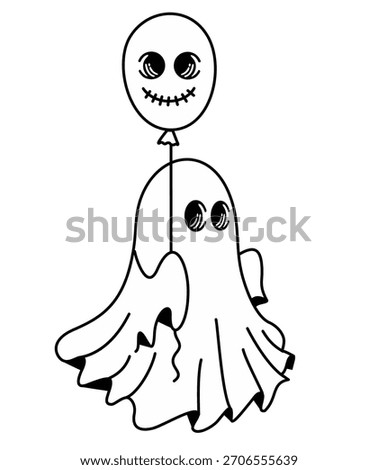 Cute Spooky ghost holding balloon for Halloween. Vector illustration of a Halloween ghost character. Happy cartoon ghost holding balloon featuring a creepy face