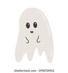 Cute spooky ghost isolated on white background. Funny scary character. Vector hand-drawn illustration in cartoon flat style. Perfect for cards, invitations, Halloween designs, decorations.