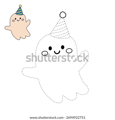 Cute spooky ghost party halloween coloring pages for kids. Trace and color cute spooky ghost party. Spooky ghost vector. Fun Halloween activity for kids printable.