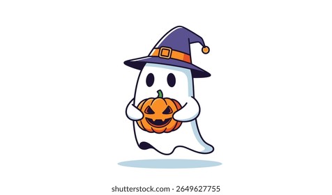 A cute spooky ghost wearing a witch hat holding a jack o lantern ready for halloween celebrations