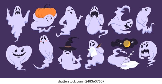 Cute spooky ghosts with funny expressions and nightmare effects set. Happy Halloween characters with pumpkin and witch hat, evil monsters spook with creepy scary faces cartoon vector illustration