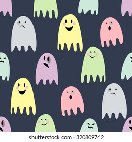 Cute spooky ghosts. Happy Halloween illustration. Seamless vector pattern with ghosts child drawing style. Flat design. Ghosts with Different Expressions