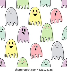Cute spooky ghosts. Happy Halloween illustration. Seamless vector pattern with child drawing style ghosts. Flat design. Ghosts with Different Expressions